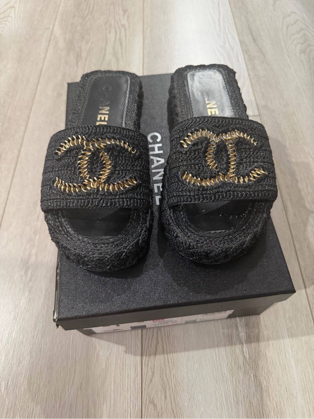 CHANEL Black Woven Slide Mules with Gold CC Embroidery
